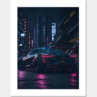 Dark Sports Car in Japanese City Posters and Art